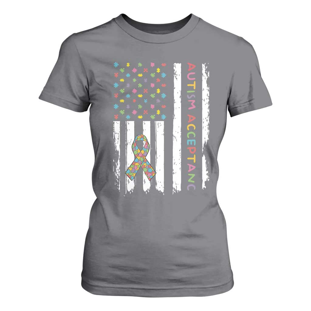 Autism Acceptance T Shirt For Women American Flag Neurodivergent Support Ribbon Puzzle