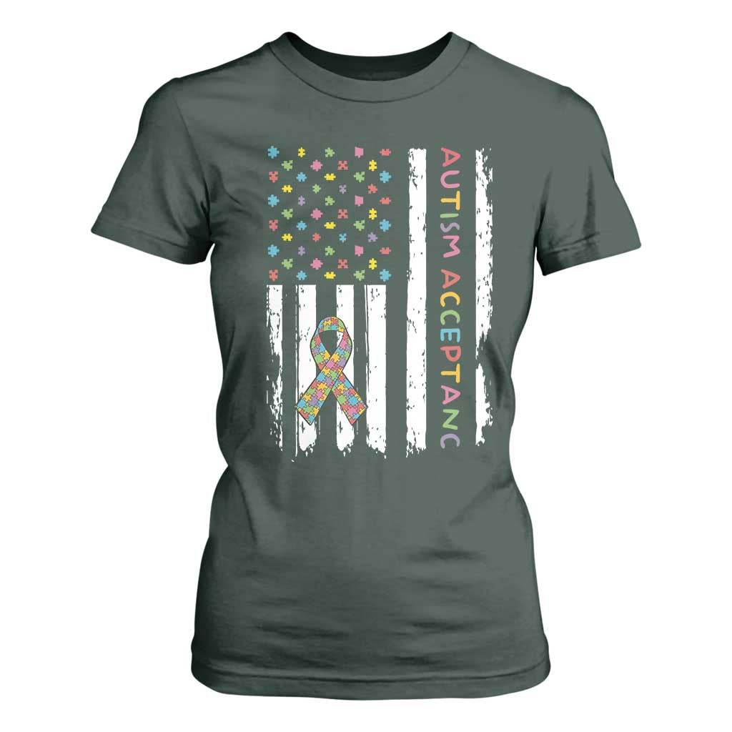 Autism Acceptance T Shirt For Women American Flag Neurodivergent Support Ribbon Puzzle