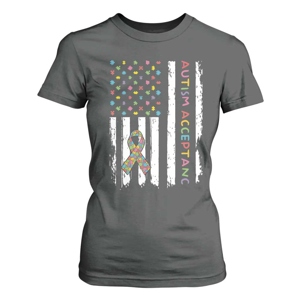 Autism Acceptance T Shirt For Women American Flag Neurodivergent Support Ribbon Puzzle