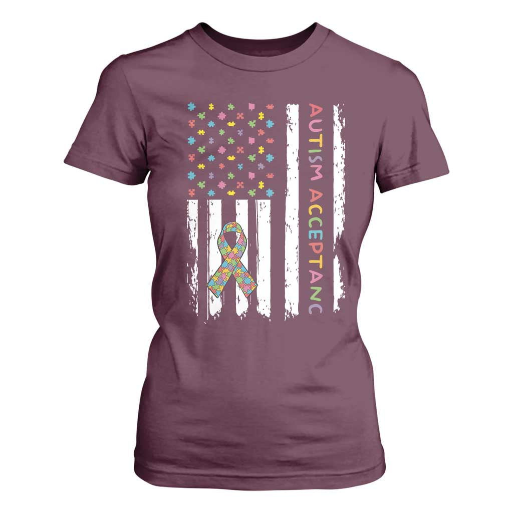Autism Acceptance T Shirt For Women American Flag Neurodivergent Support Ribbon Puzzle