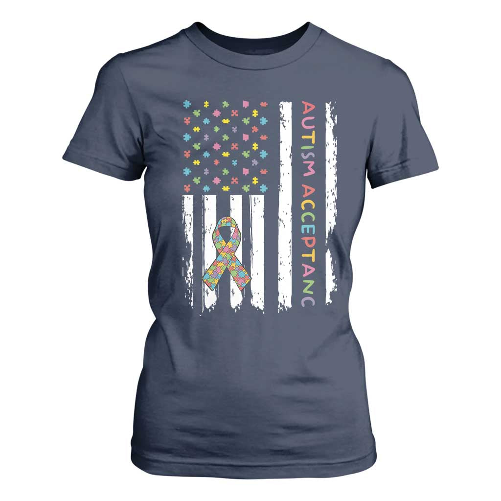 Autism Acceptance T Shirt For Women American Flag Neurodivergent Support Ribbon Puzzle