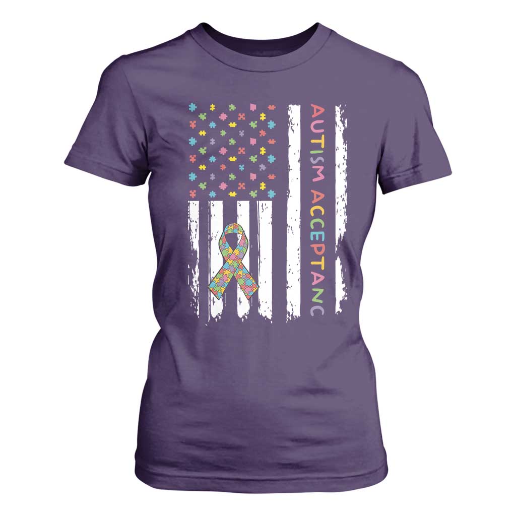 Autism Acceptance T Shirt For Women American Flag Neurodivergent Support Ribbon Puzzle