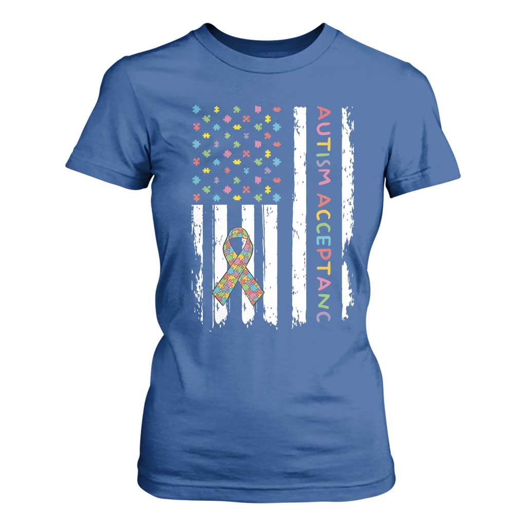 Autism Acceptance T Shirt For Women American Flag Neurodivergent Support Ribbon Puzzle