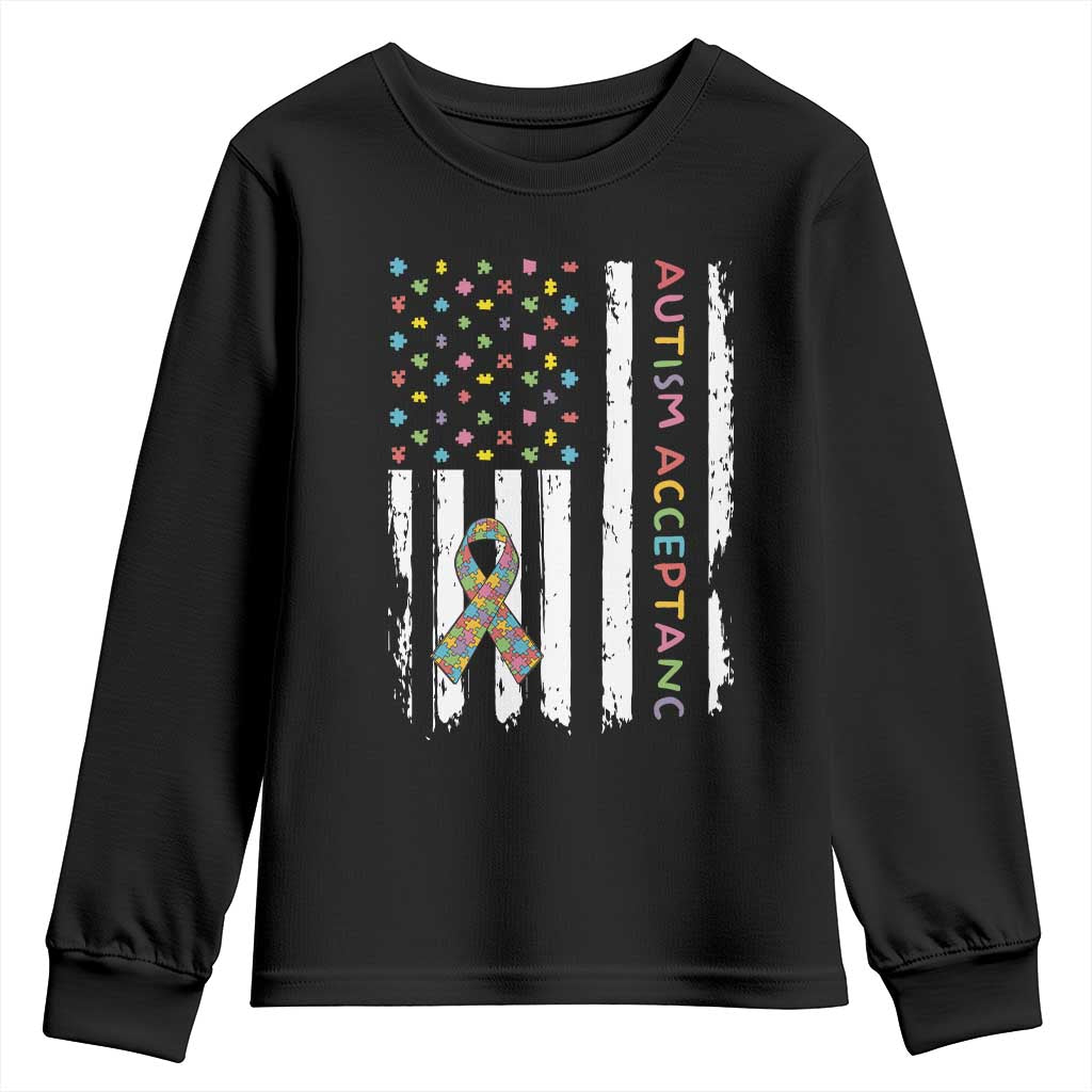 Autism Acceptance Youth Sweatshirt American Flag Neurodivergent Support Ribbon Puzzle