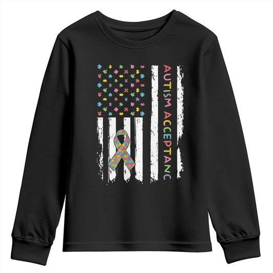 Autism Acceptance Youth Sweatshirt American Flag Neurodivergent Support Ribbon Puzzle