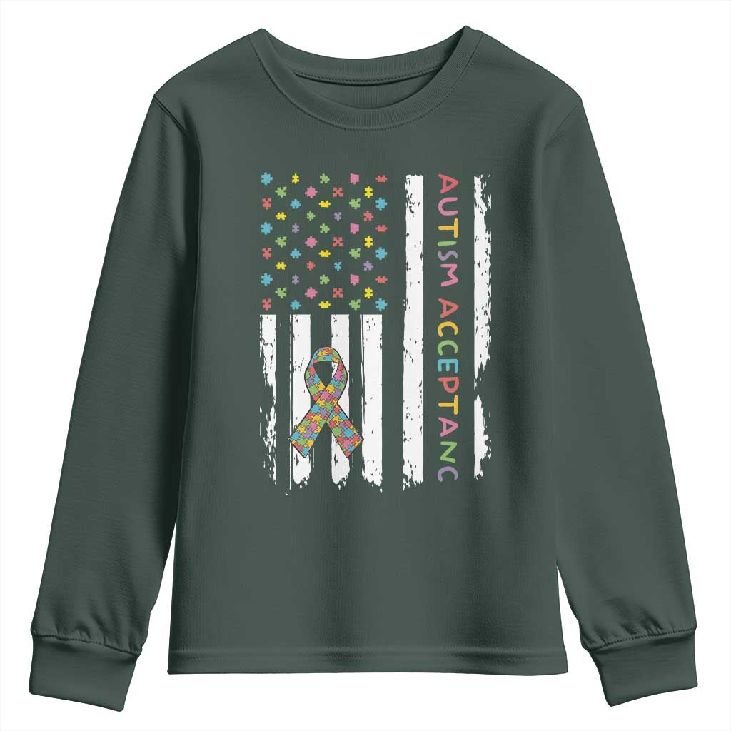 Autism Acceptance Youth Sweatshirt American Flag Neurodivergent Support Ribbon Puzzle