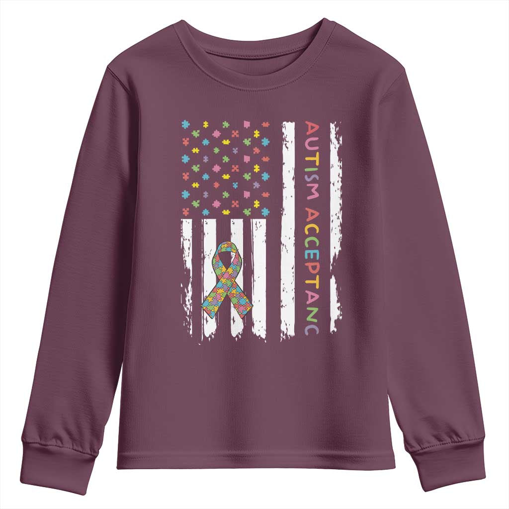 Autism Acceptance Youth Sweatshirt American Flag Neurodivergent Support Ribbon Puzzle