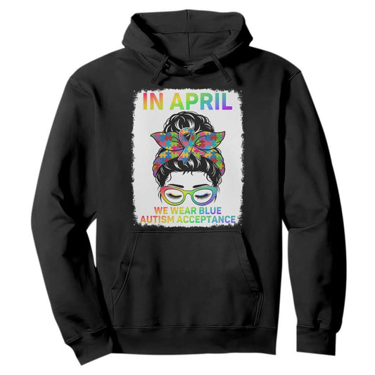 Autism Acceptance Hoodie Neurodivergent Support Messy Bun Ribbon Puzzle