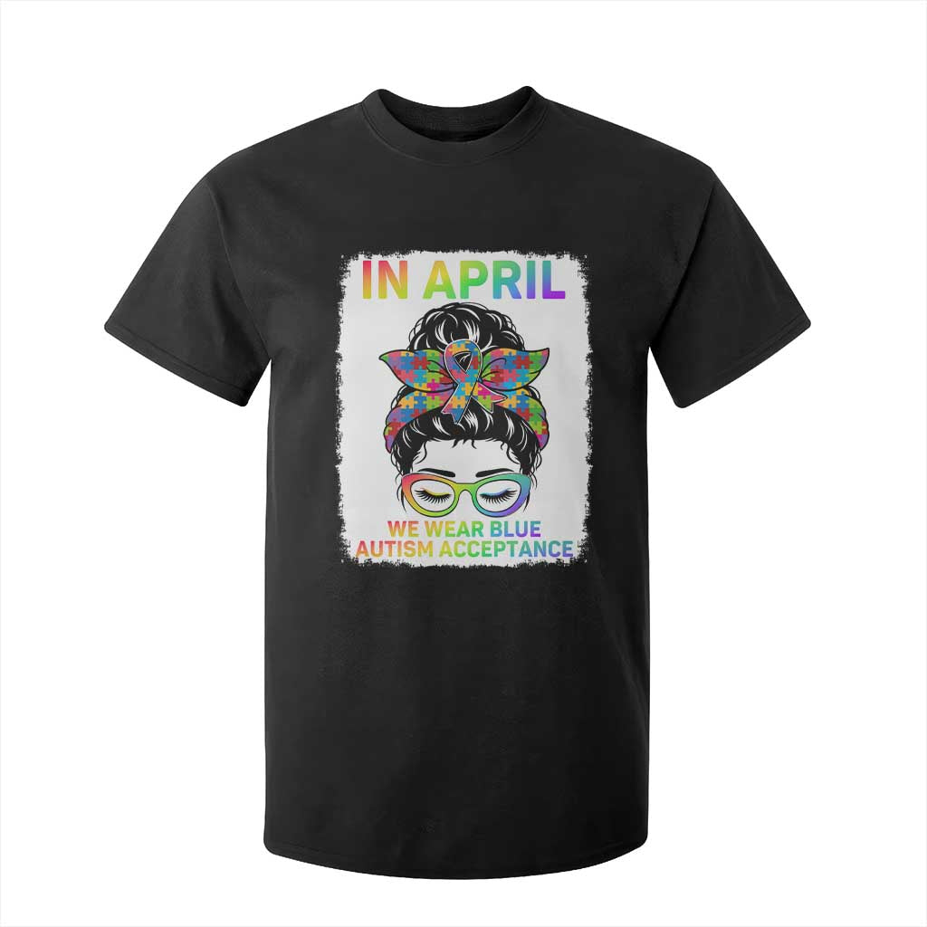 Autism Acceptance T Shirt For Kid Neurodivergent Support Messy Bun Ribbon Puzzle