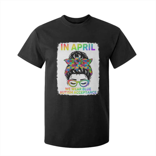 Autism Acceptance T Shirt For Kid Neurodivergent Support Messy Bun Ribbon Puzzle