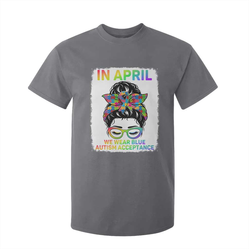 Autism Acceptance T Shirt For Kid Neurodivergent Support Messy Bun Ribbon Puzzle