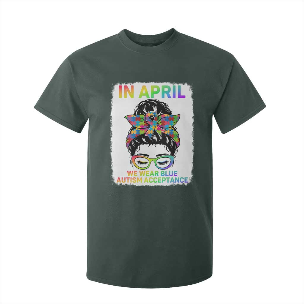Autism Acceptance T Shirt For Kid Neurodivergent Support Messy Bun Ribbon Puzzle