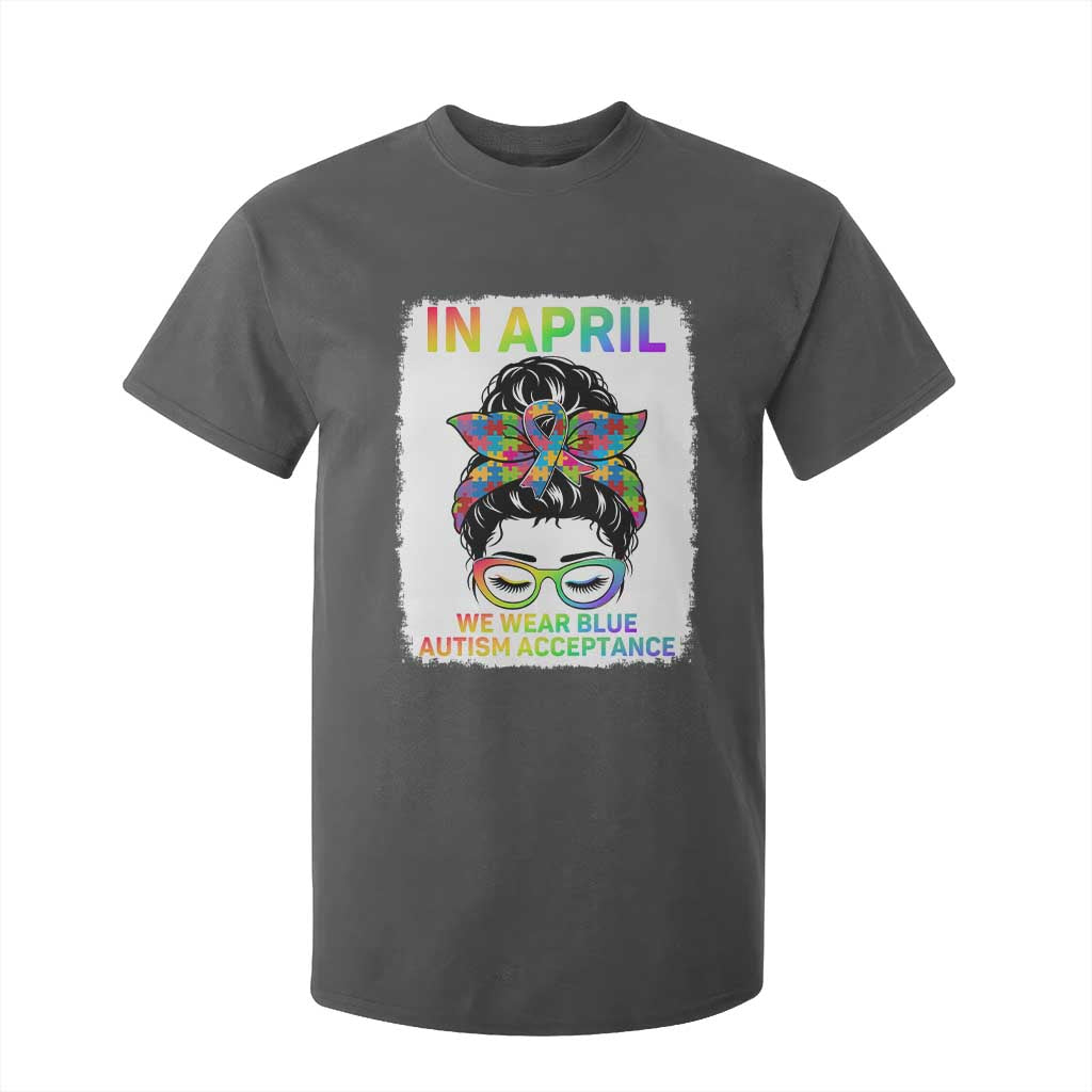 Autism Acceptance T Shirt For Kid Neurodivergent Support Messy Bun Ribbon Puzzle
