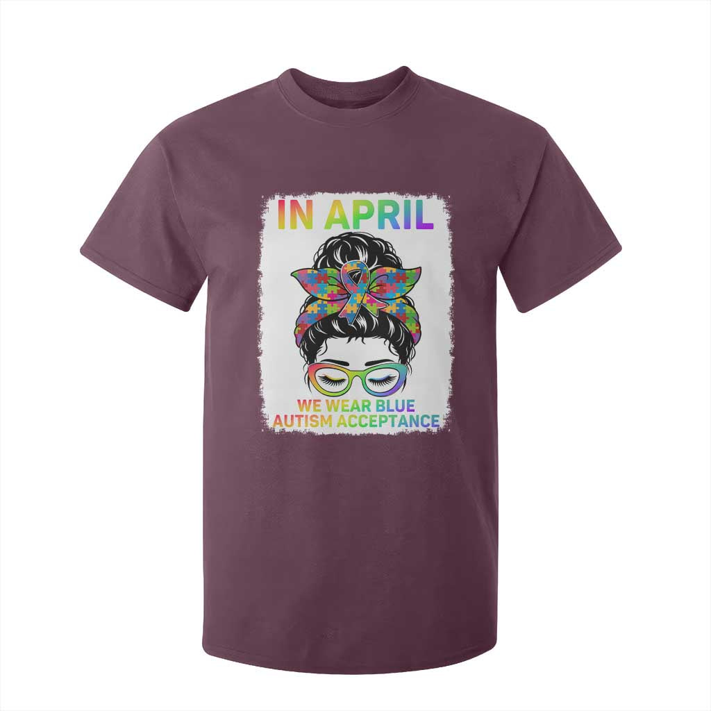 Autism Acceptance T Shirt For Kid Neurodivergent Support Messy Bun Ribbon Puzzle