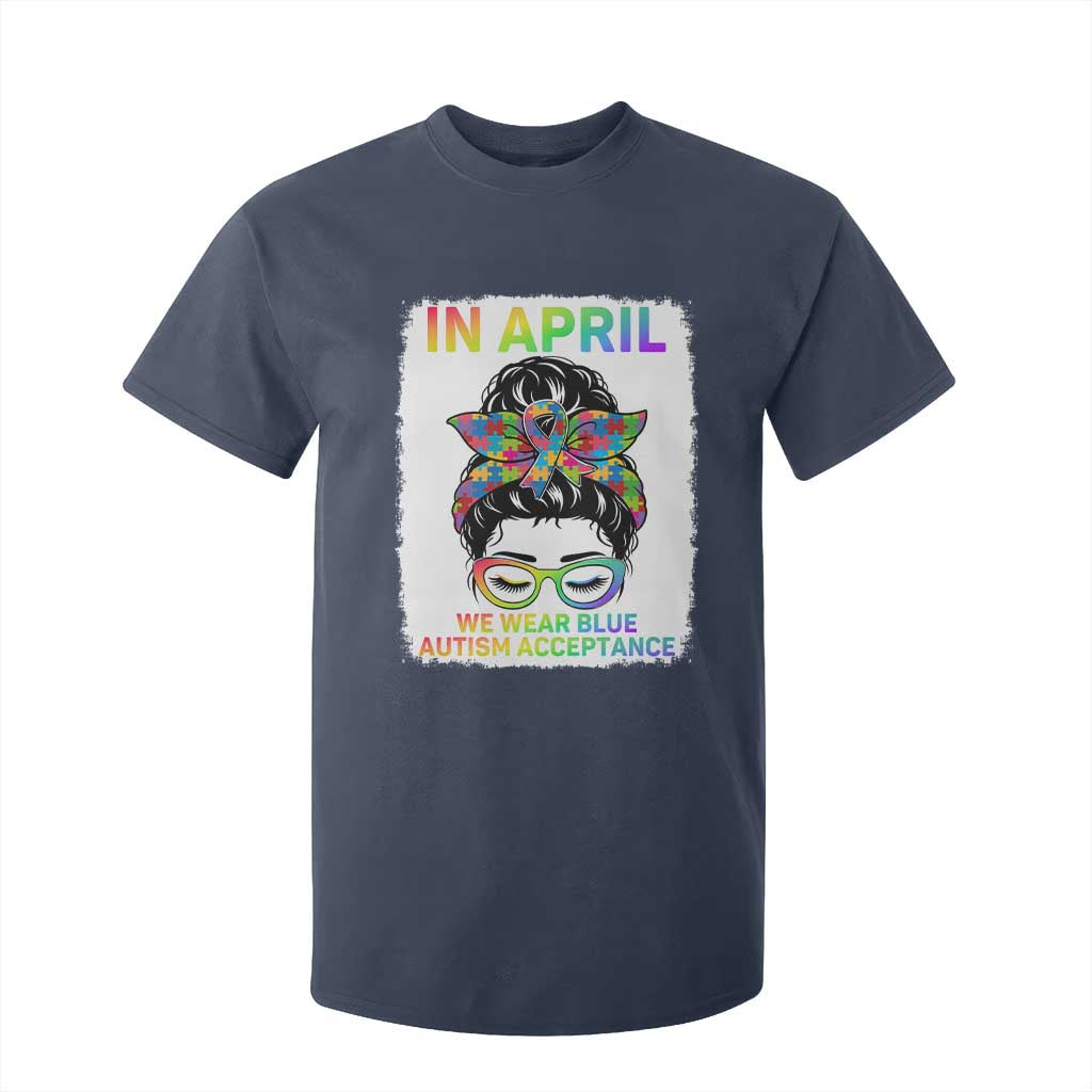 Autism Acceptance T Shirt For Kid Neurodivergent Support Messy Bun Ribbon Puzzle