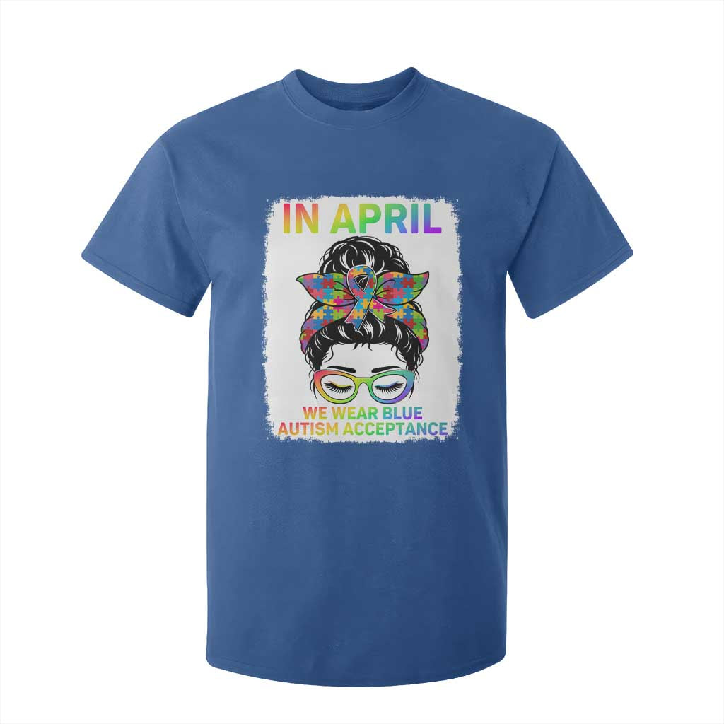 Autism Acceptance T Shirt For Kid Neurodivergent Support Messy Bun Ribbon Puzzle
