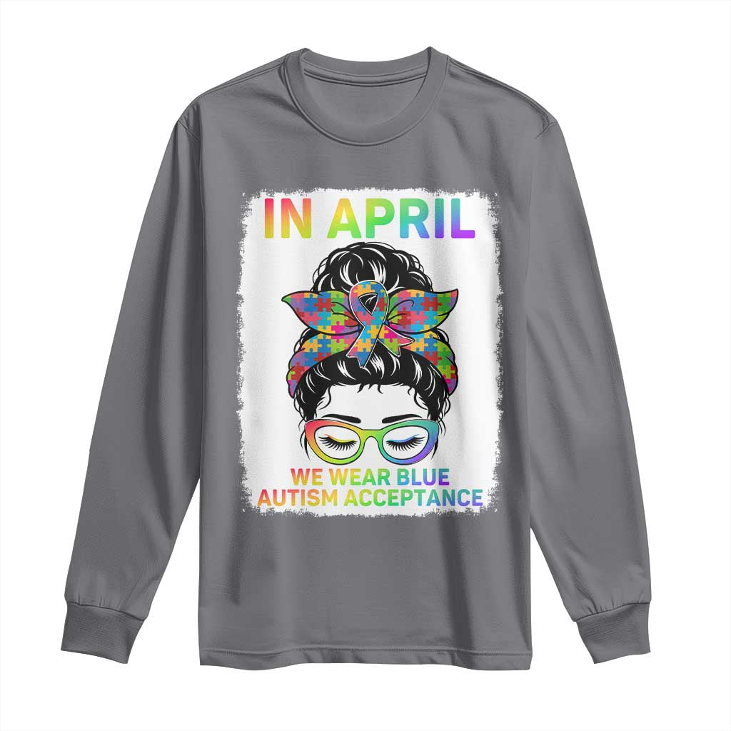 Autism Acceptance Long Sleeve Shirt Neurodivergent Support Messy Bun Ribbon Puzzle
