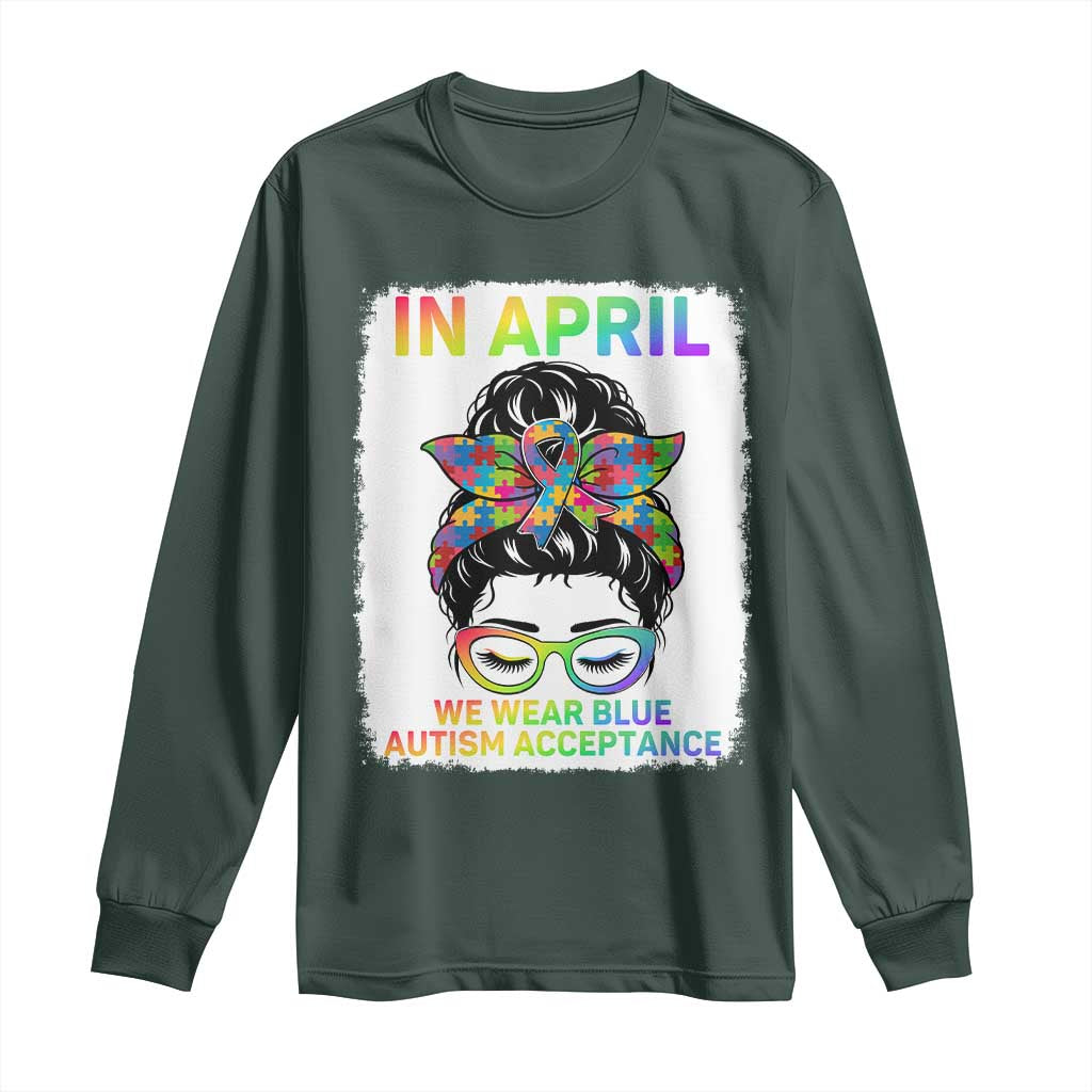 Autism Acceptance Long Sleeve Shirt Neurodivergent Support Messy Bun Ribbon Puzzle