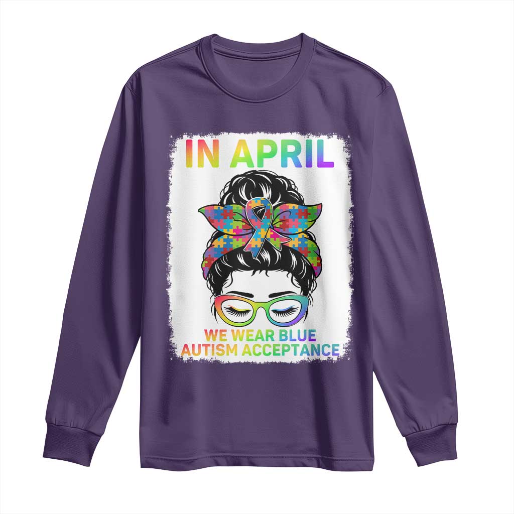 Autism Acceptance Long Sleeve Shirt Neurodivergent Support Messy Bun Ribbon Puzzle