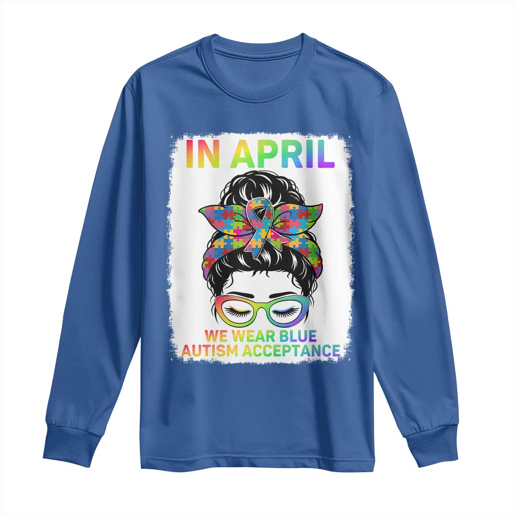 Autism Acceptance Long Sleeve Shirt Neurodivergent Support Messy Bun Ribbon Puzzle