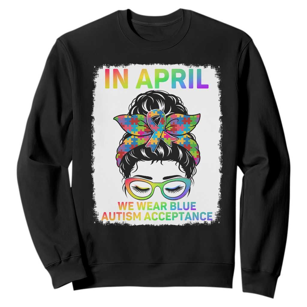 Autism Acceptance Sweatshirt Neurodivergent Support Messy Bun Ribbon Puzzle