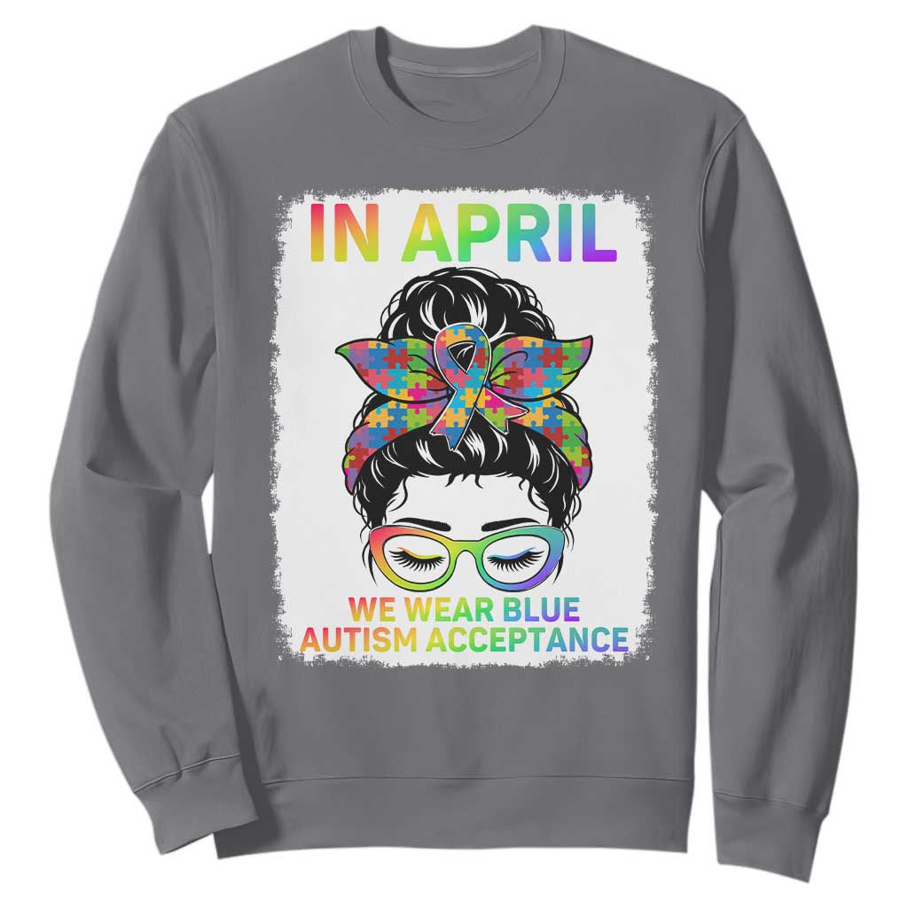 Autism Acceptance Sweatshirt Neurodivergent Support Messy Bun Ribbon Puzzle