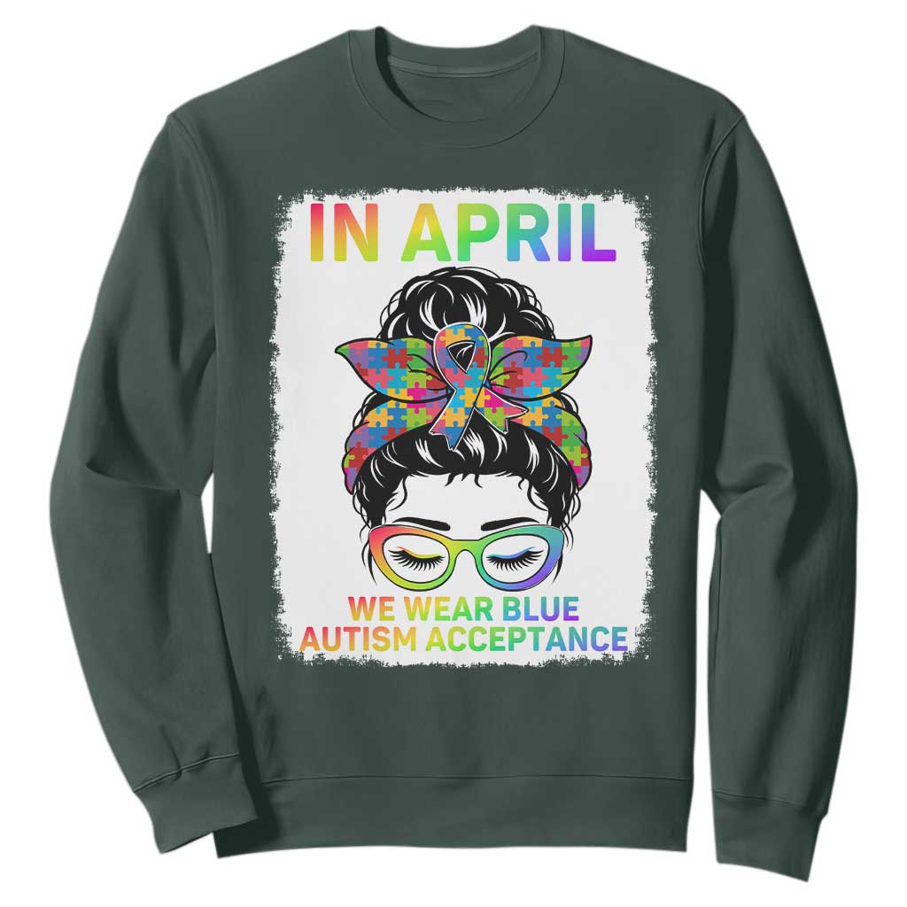 Autism Acceptance Sweatshirt Neurodivergent Support Messy Bun Ribbon Puzzle