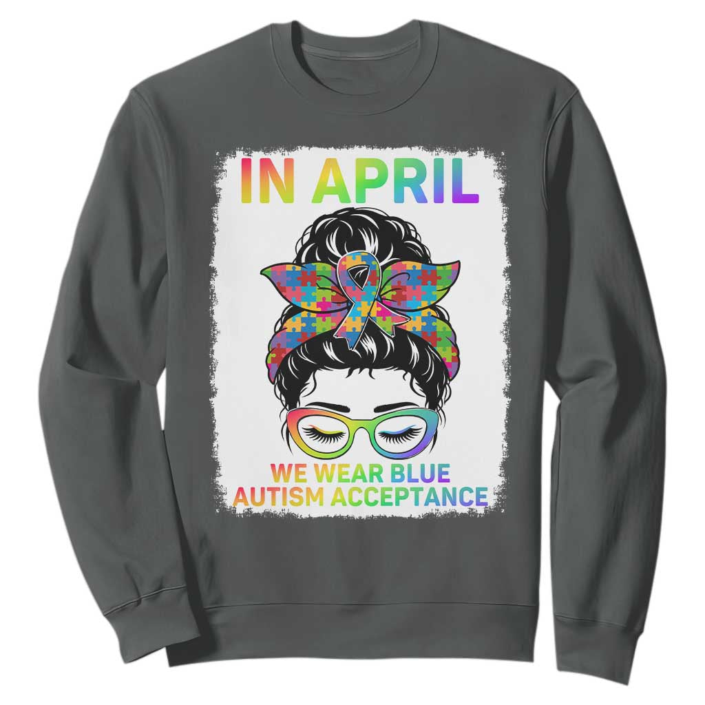 Autism Acceptance Sweatshirt Neurodivergent Support Messy Bun Ribbon Puzzle