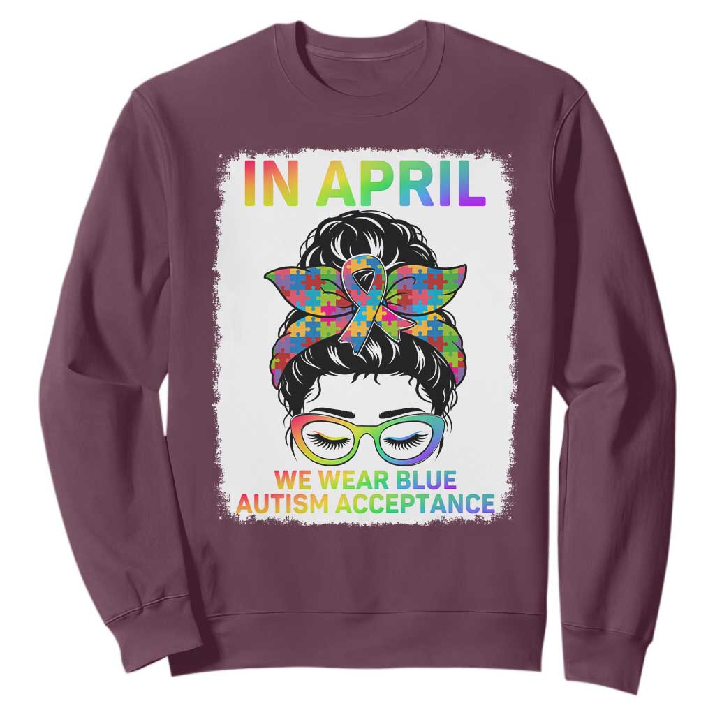 Autism Acceptance Sweatshirt Neurodivergent Support Messy Bun Ribbon Puzzle