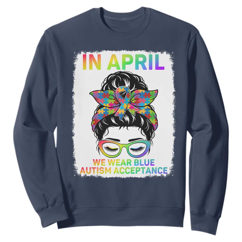 Autism Acceptance Sweatshirt Neurodivergent Support Messy Bun Ribbon Puzzle