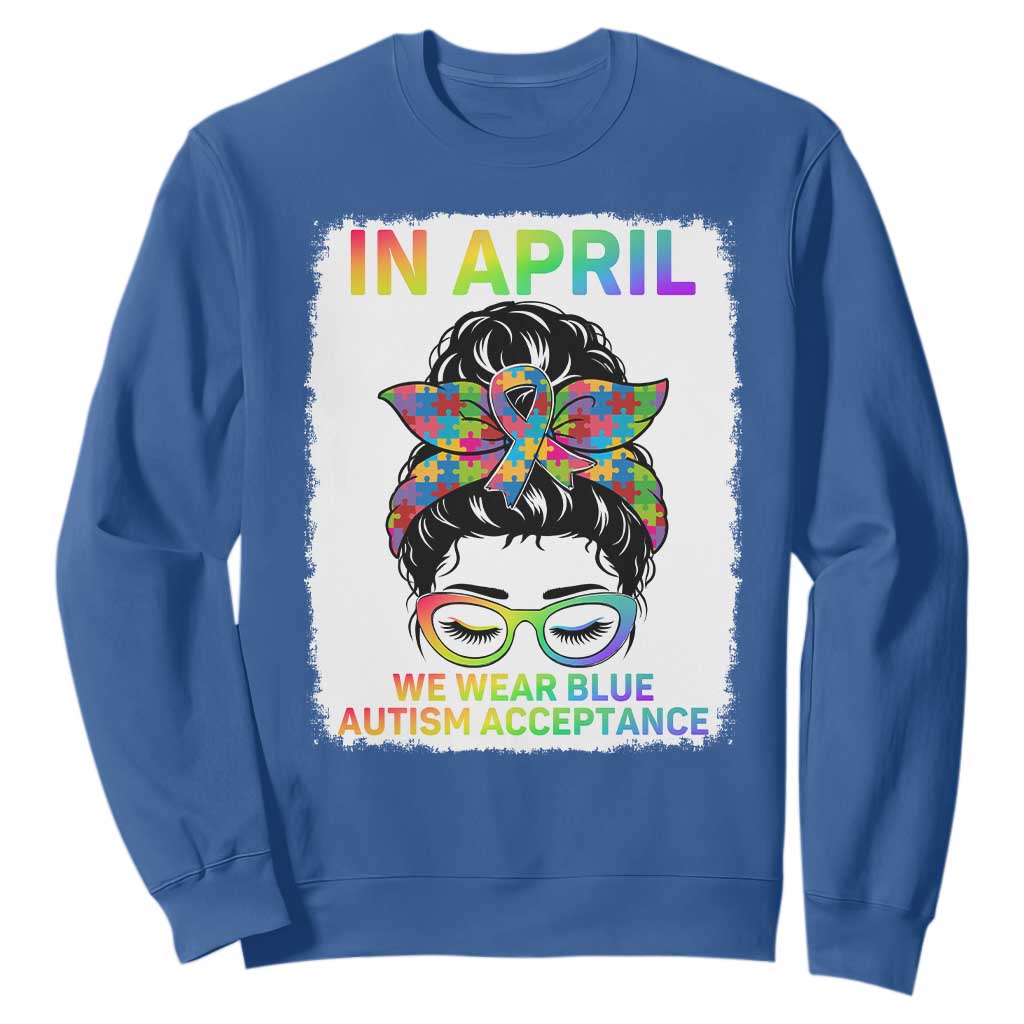 Autism Acceptance Sweatshirt Neurodivergent Support Messy Bun Ribbon Puzzle