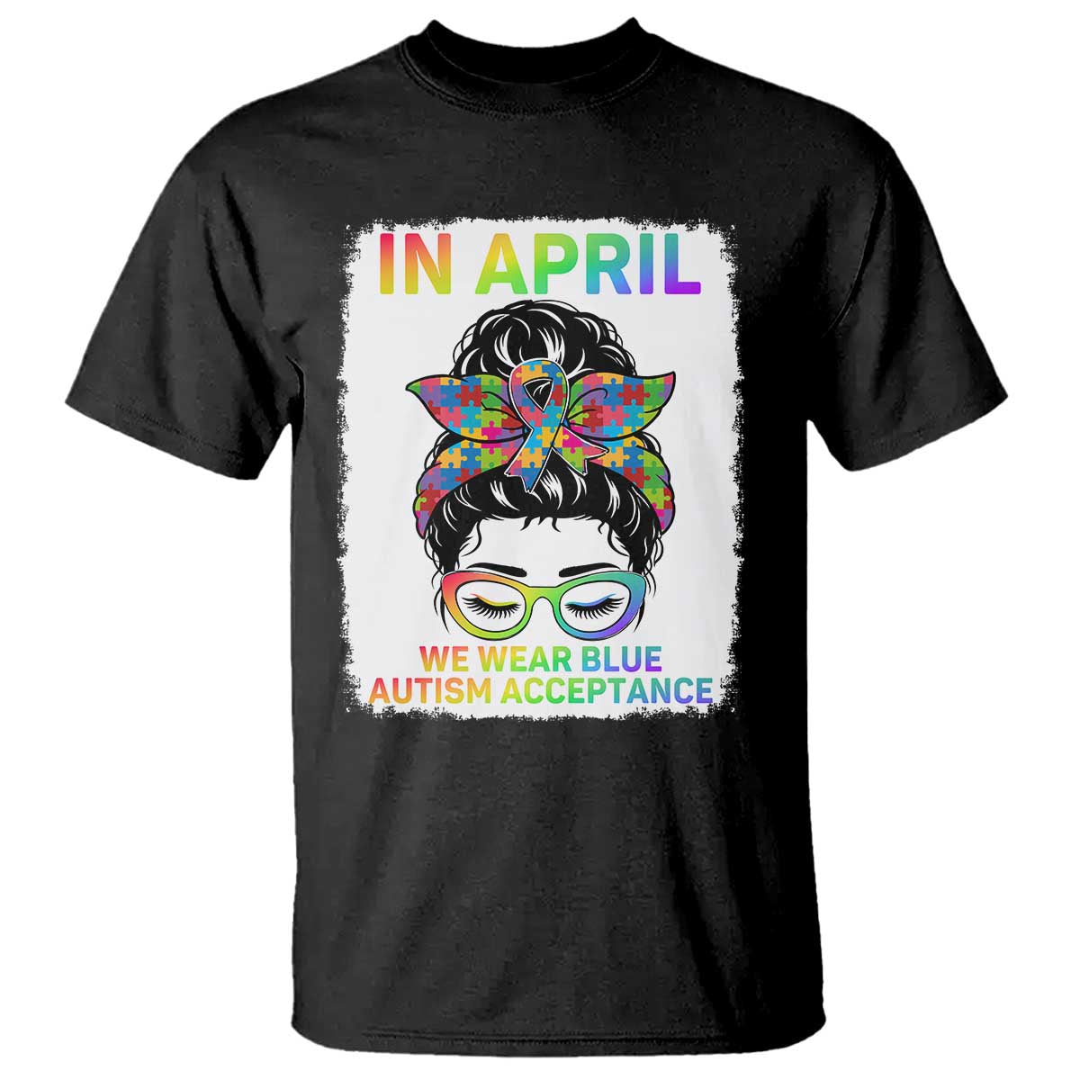 Autism Acceptance T Shirt Neurodivergent Support Messy Bun Ribbon Puzzle