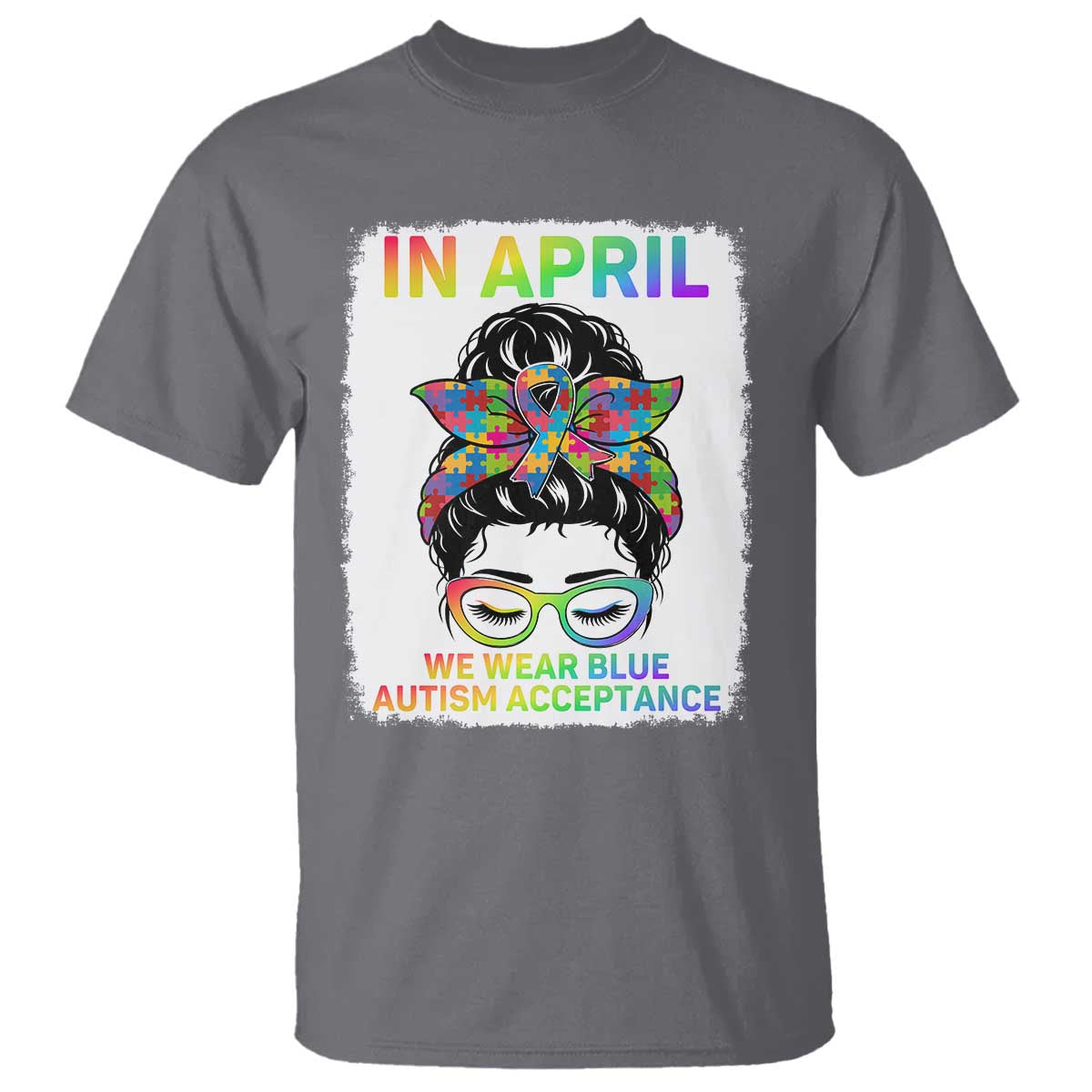Autism Acceptance T Shirt Neurodivergent Support Messy Bun Ribbon Puzzle