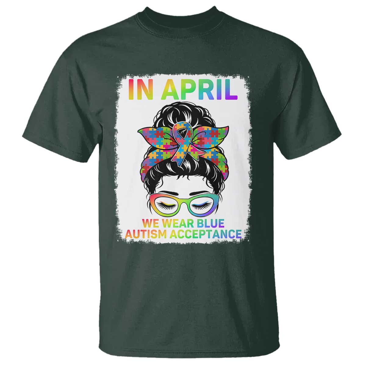 Autism Acceptance T Shirt Neurodivergent Support Messy Bun Ribbon Puzzle