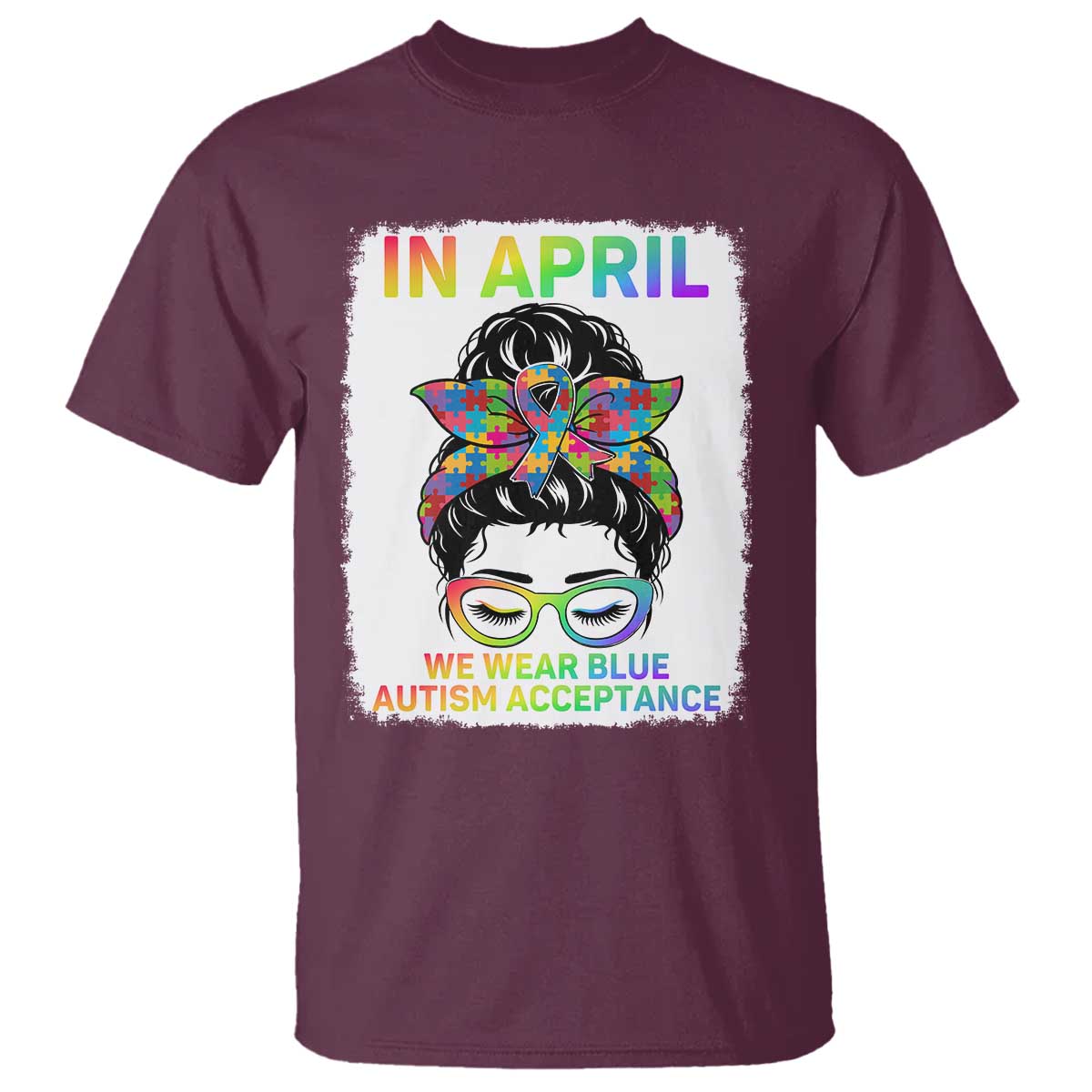 Autism Acceptance T Shirt Neurodivergent Support Messy Bun Ribbon Puzzle