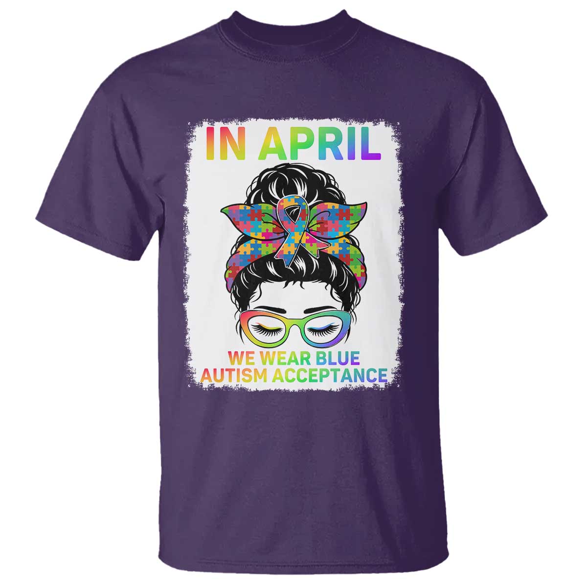 Autism Acceptance T Shirt Neurodivergent Support Messy Bun Ribbon Puzzle