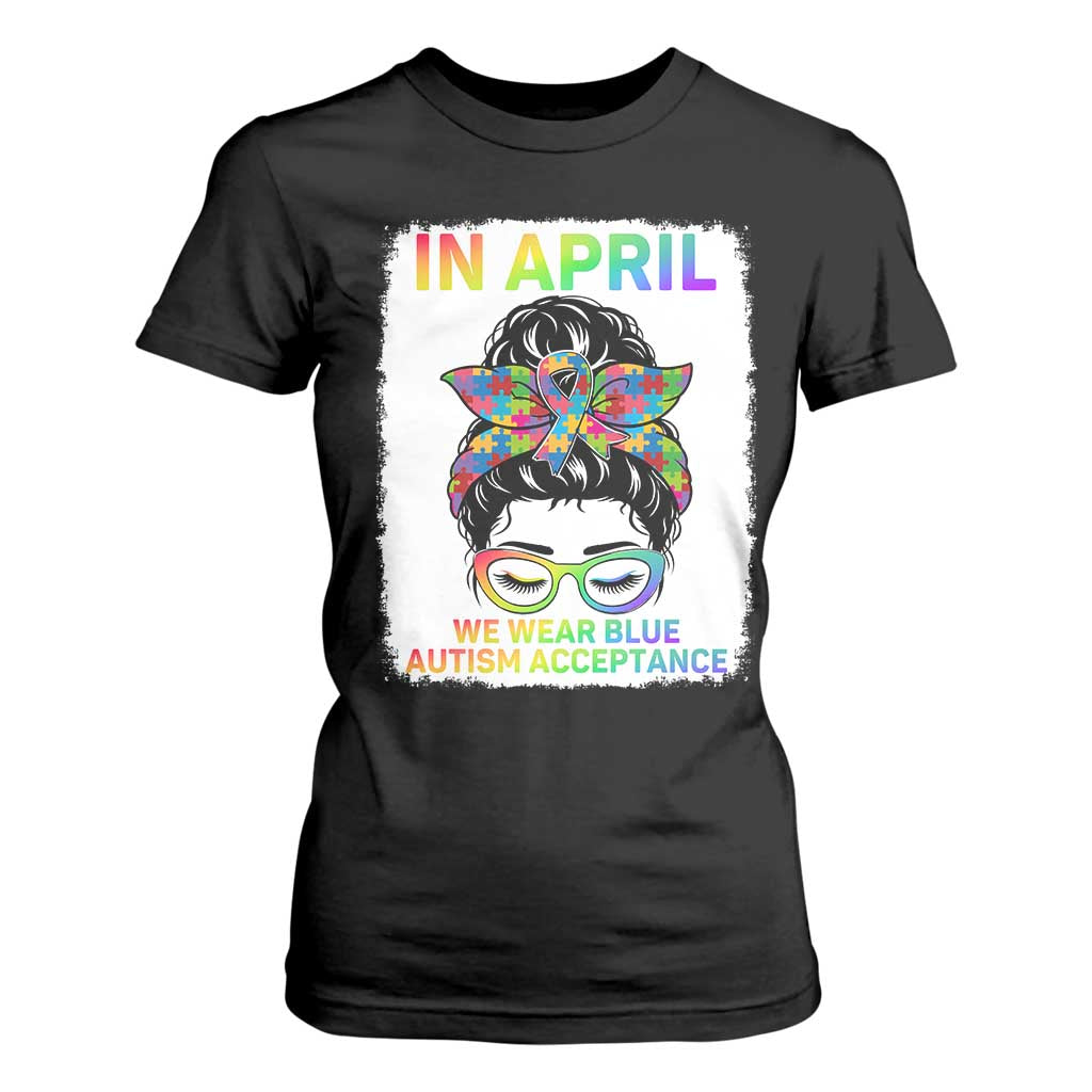 Autism Acceptance T Shirt For Women Neurodivergent Support Messy Bun Ribbon Puzzle