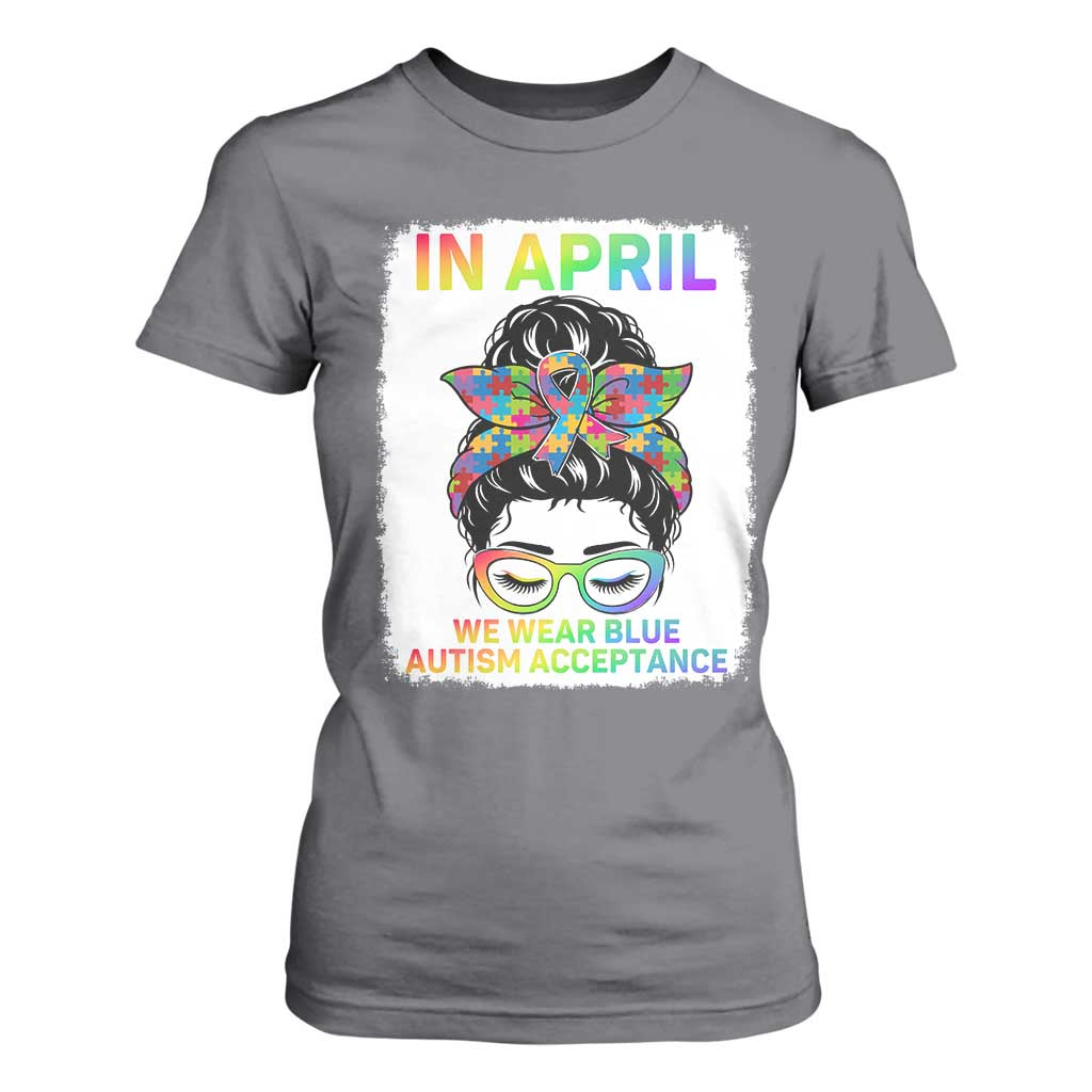 Autism Acceptance T Shirt For Women Neurodivergent Support Messy Bun Ribbon Puzzle