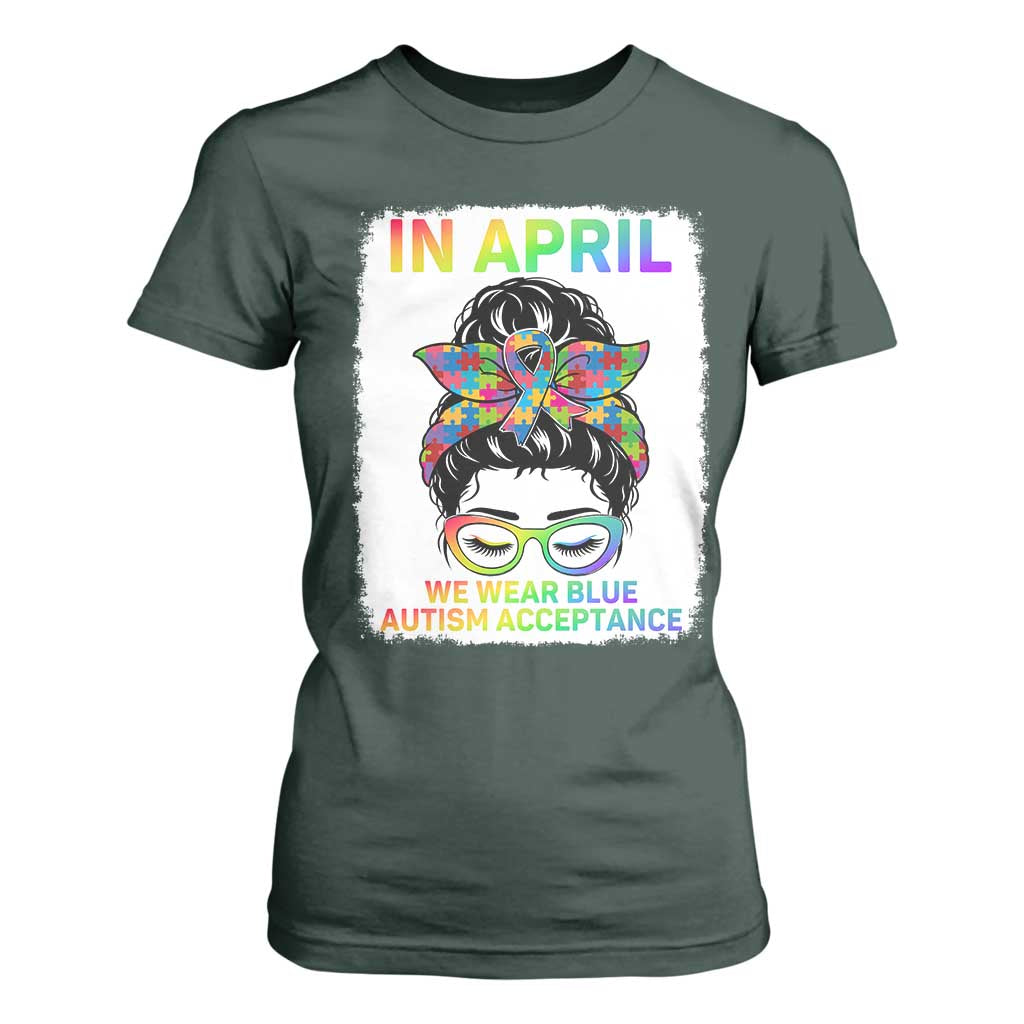 Autism Acceptance T Shirt For Women Neurodivergent Support Messy Bun Ribbon Puzzle