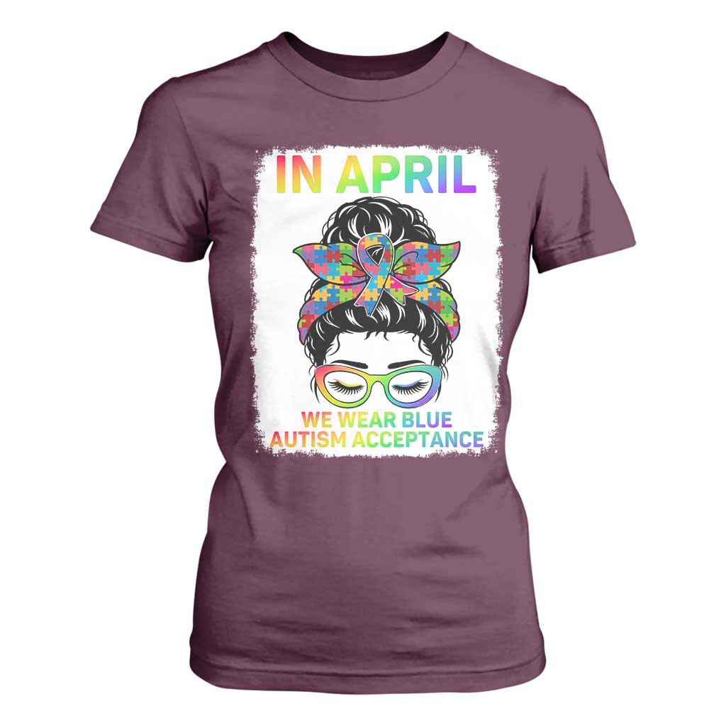 Autism Acceptance T Shirt For Women Neurodivergent Support Messy Bun Ribbon Puzzle
