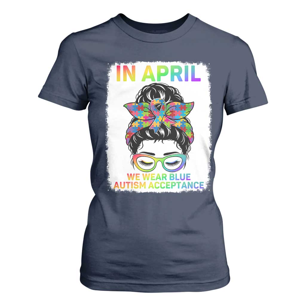 Autism Acceptance T Shirt For Women Neurodivergent Support Messy Bun Ribbon Puzzle