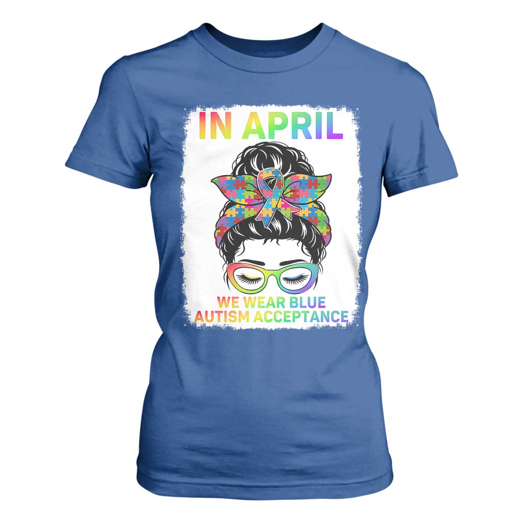 Autism Acceptance T Shirt For Women Neurodivergent Support Messy Bun Ribbon Puzzle