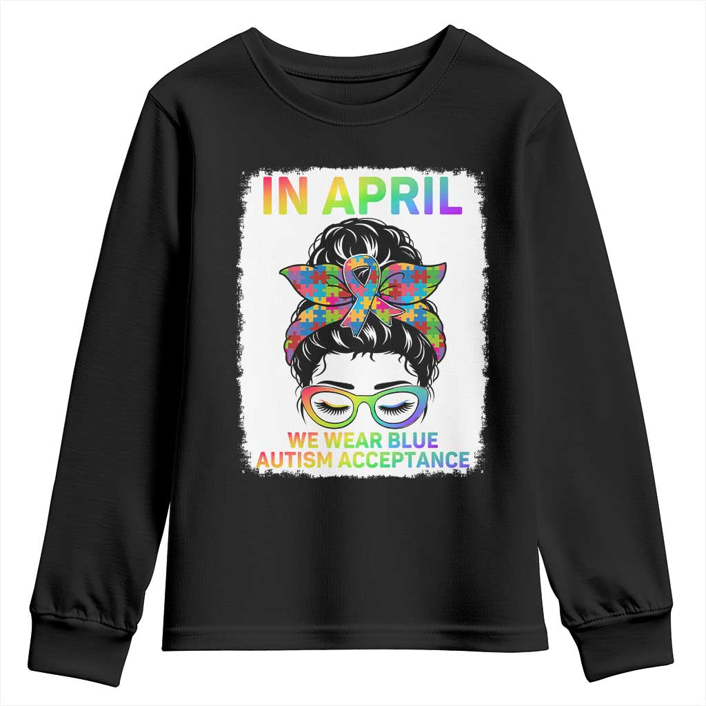 Autism Acceptance Youth Sweatshirt Neurodivergent Support Messy Bun Ribbon Puzzle