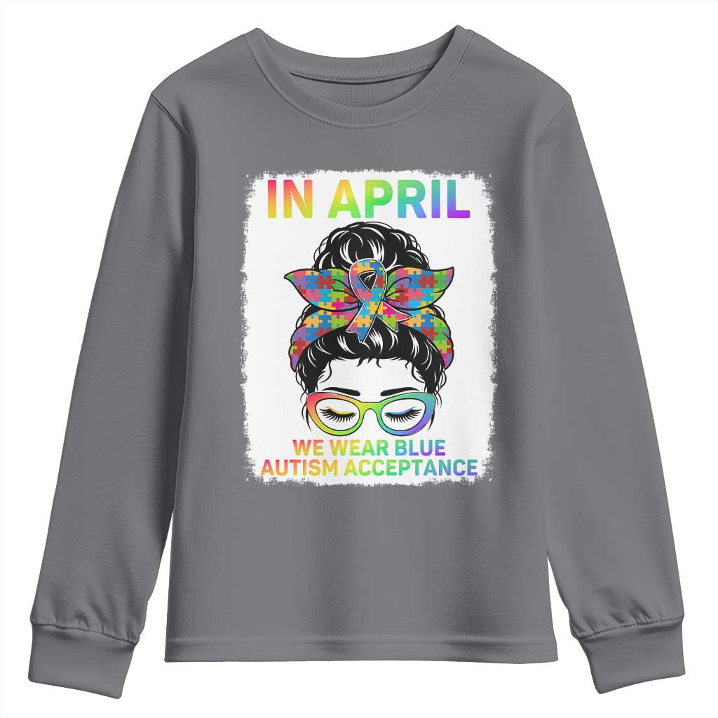 Autism Acceptance Youth Sweatshirt Neurodivergent Support Messy Bun Ribbon Puzzle