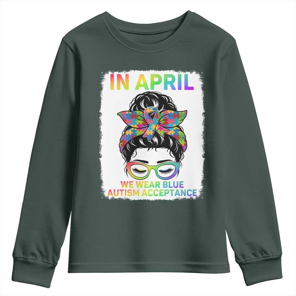Autism Acceptance Youth Sweatshirt Neurodivergent Support Messy Bun Ribbon Puzzle