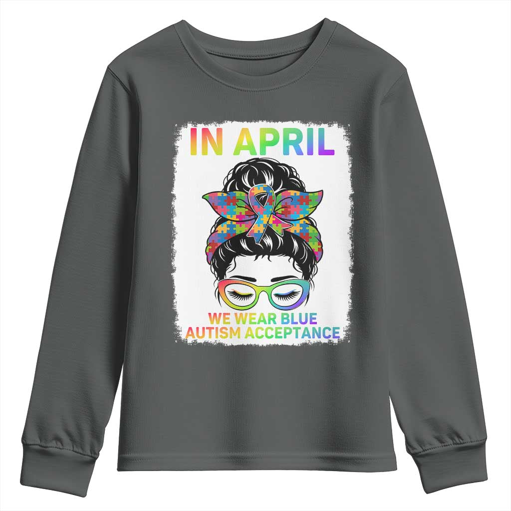 Autism Acceptance Youth Sweatshirt Neurodivergent Support Messy Bun Ribbon Puzzle