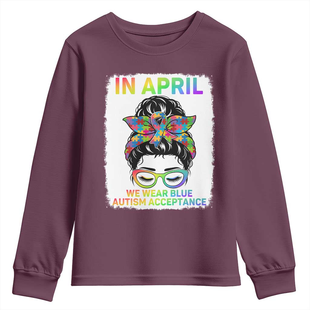 Autism Acceptance Youth Sweatshirt Neurodivergent Support Messy Bun Ribbon Puzzle