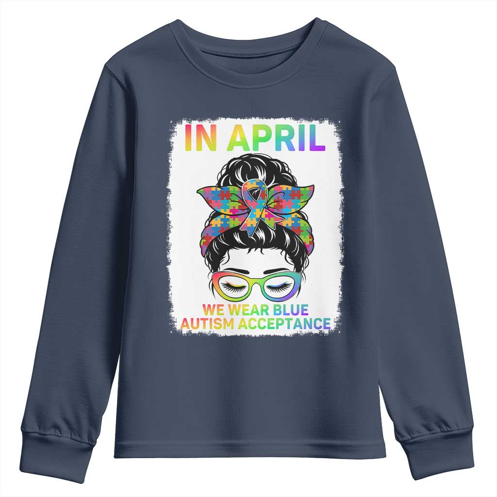 Autism Acceptance Youth Sweatshirt Neurodivergent Support Messy Bun Ribbon Puzzle