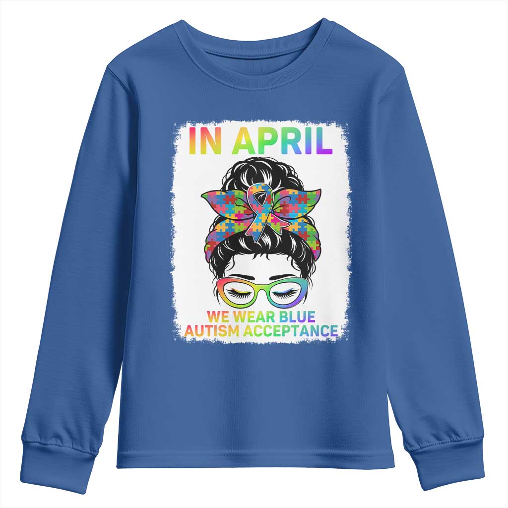 Autism Acceptance Youth Sweatshirt Neurodivergent Support Messy Bun Ribbon Puzzle