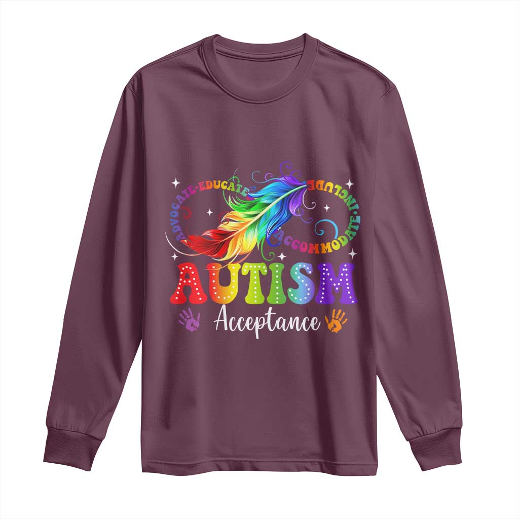 Autism Acceptance Long Sleeve Shirt Neurodivergent Support Rainbow Feather Infinity Symbol
